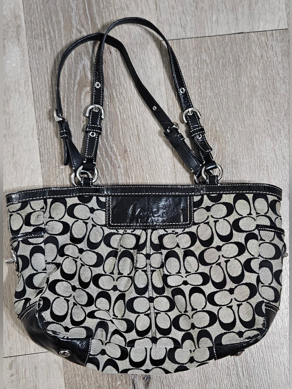 COACH No A1032-F14281 Gray Black Tote Bag Signature Canvas Leather with Charm